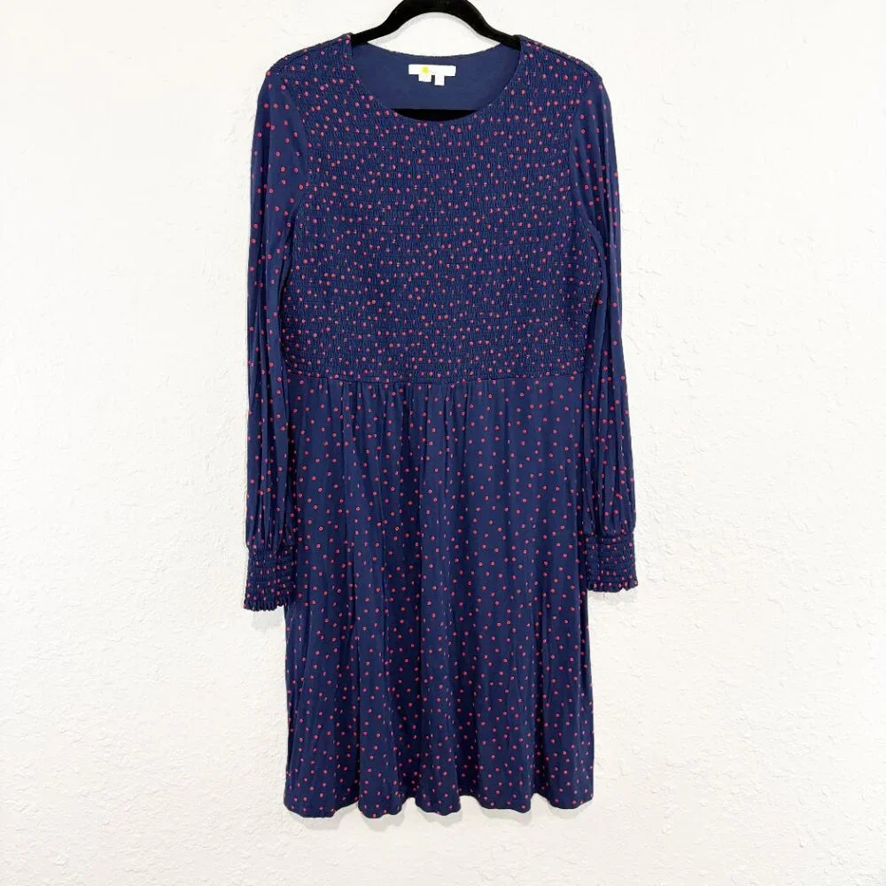 Boden Navy & Red Polka Dot Smocked Long Sleeve Jersey Knit Dress Women's US 14L - Picture 2 of 9